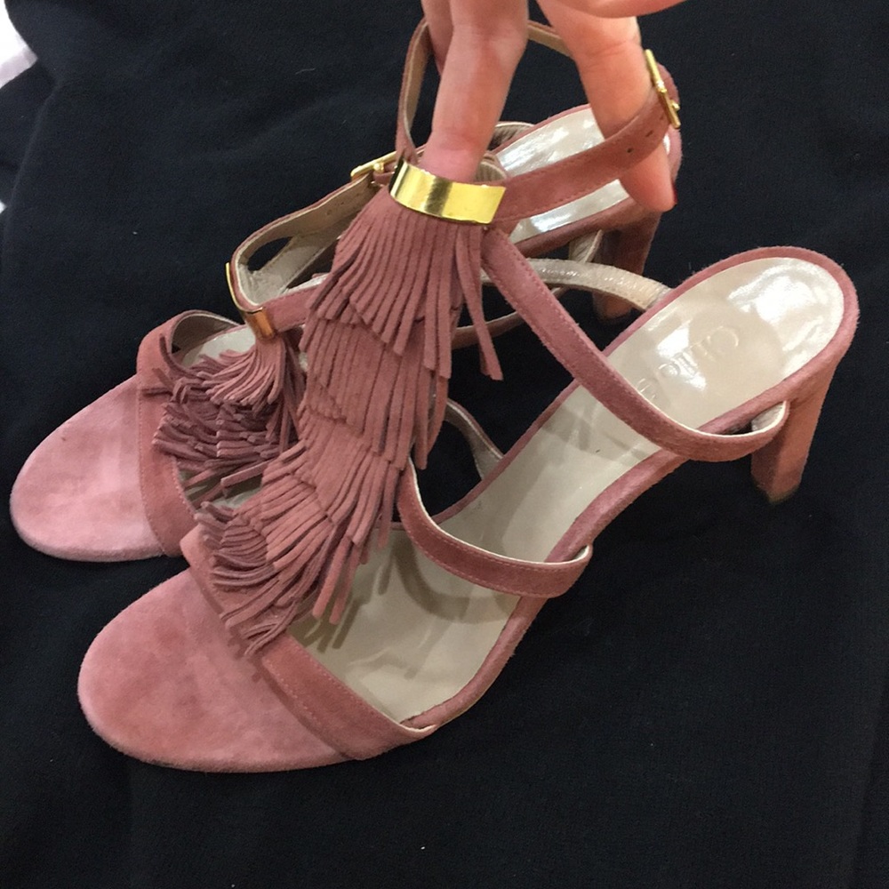 Chloe blush suede fringed heels 39 EUC
